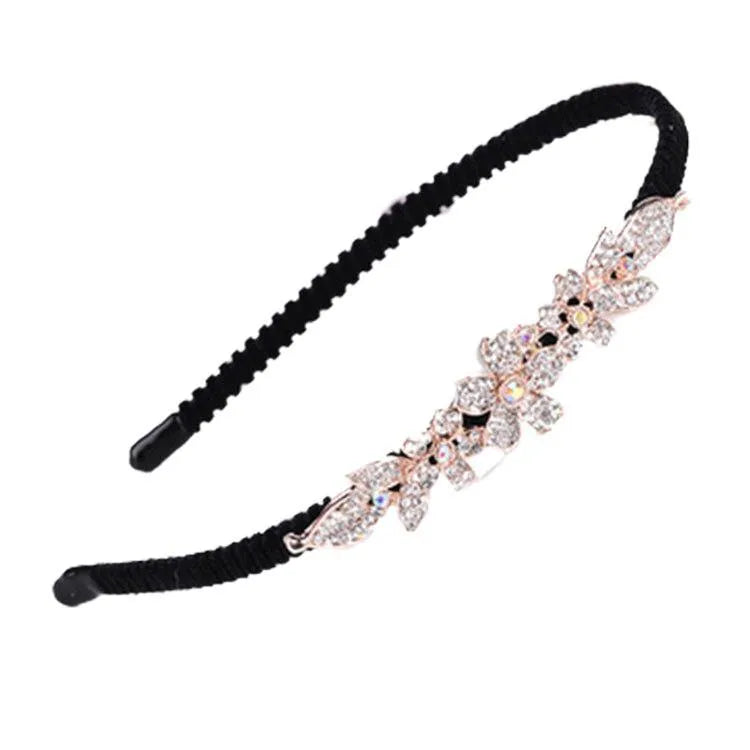 Rhinestone bow headband for women with metal alloy frame and three-dimensional flower decoration
