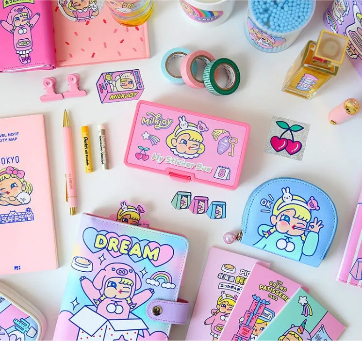 Cute cartoon girl sticker set with 16 square PVC stickers and a storage box, Korean ins style for DIY decoration