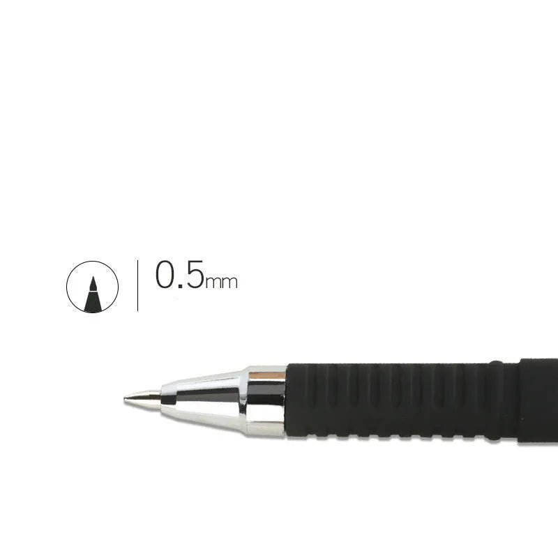 Carbon black gel pen multipack showing bullet tip and needle tip options with plastic barrels