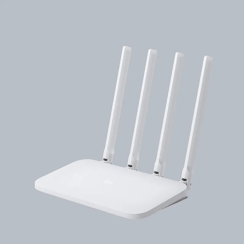 White 4C wireless router with four omnidirectional high gain antennas, 300 Mbps speed and 64 MB memory.