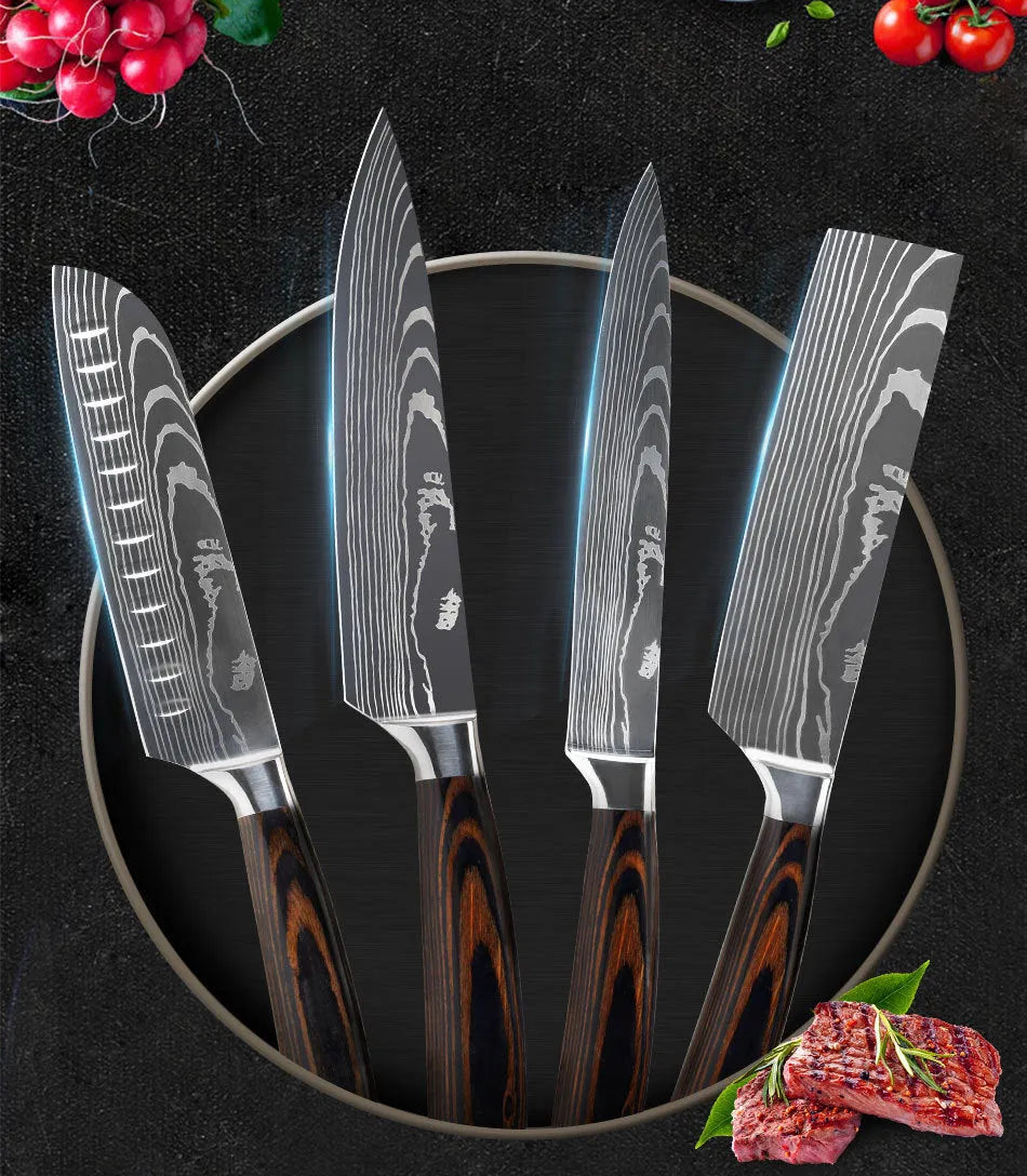 Kitchen knife set with Damascus-pattern stainless steel blades and colour steel handle.