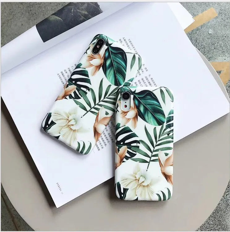Soft TPU iPhone case with banana leaf floral pattern for multiple models