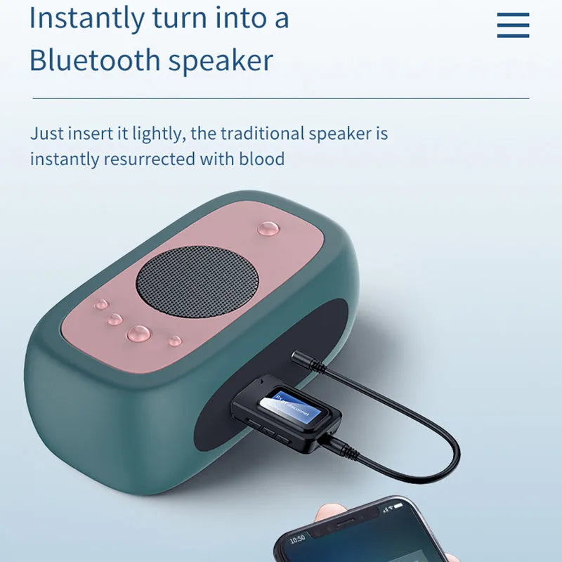 Black two-in-one Bluetooth 5.0 audio transmitter with screen display, 3.5mm input, 10m range, 62x26x1mm