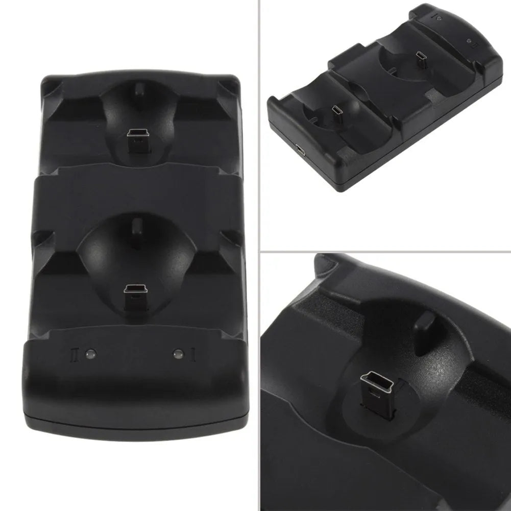 Black PS3 dual controller charging dock with two controller bays and USB cable
