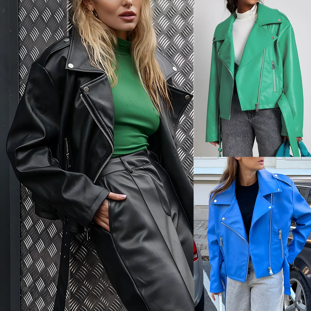 Women's black punk locomotive style jacket with a Peter Pan collar and drawstring waist.