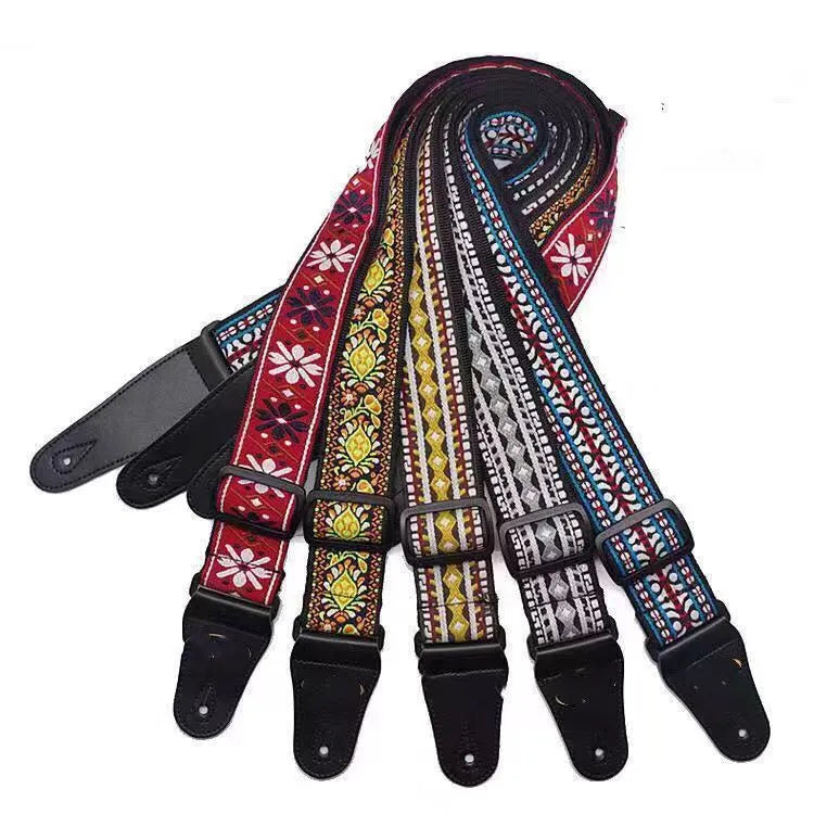 Adjustable embroidered guitar strap with thick webbing, 5cm width, 135-150cm length, six style options