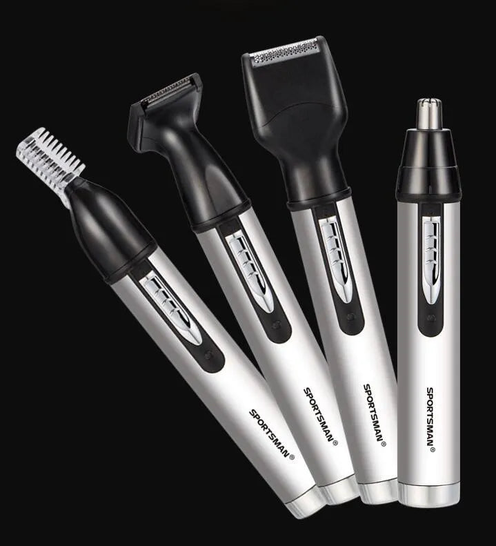 White electric nose hair trimmer with four heads, USB cable, placing base, and cleaning brush