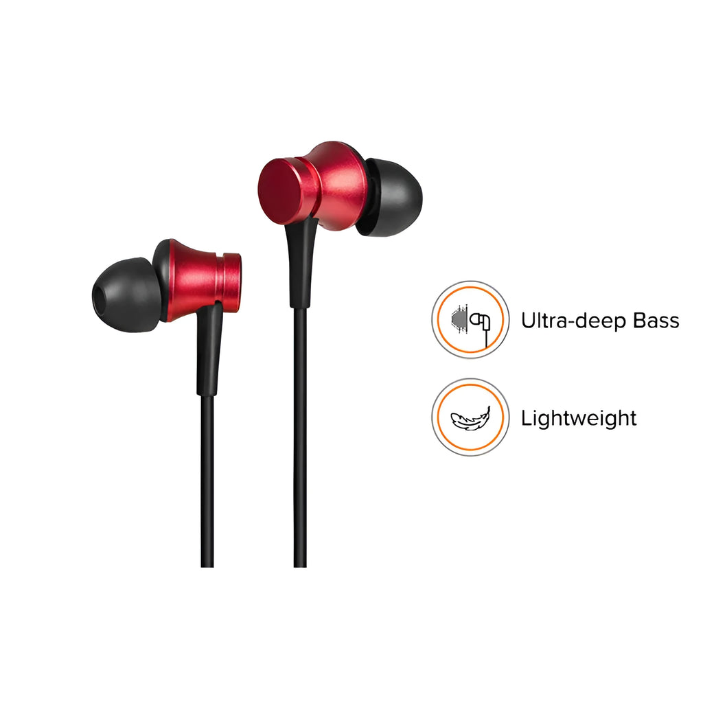 Piston-style in-ear wired headphones with 3.5mm audio jack in black, blue, and red colour options