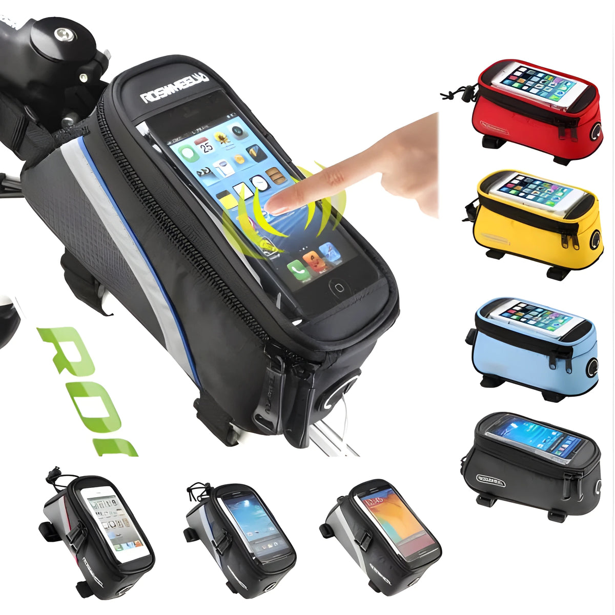 ROSWHEEL PVC bicycle frame bag for mobile phones in black, mounted on bicycle frame