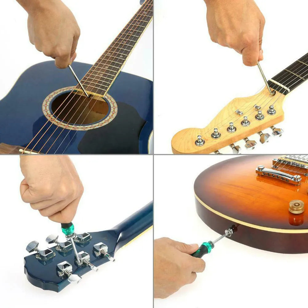 Black compact case open to reveal a guitar repair and maintenance tool kit for guitars, basses, mandolins, and banjos.