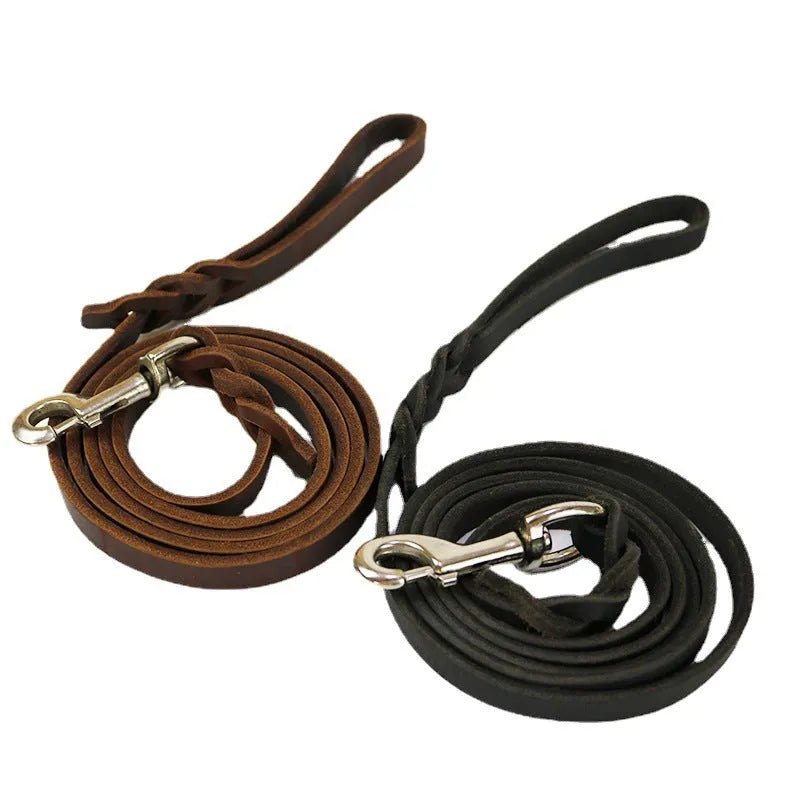 Cowhide leather dog walking lead in black or light brown, 120cm to 260cm long and 1.2cm wide.