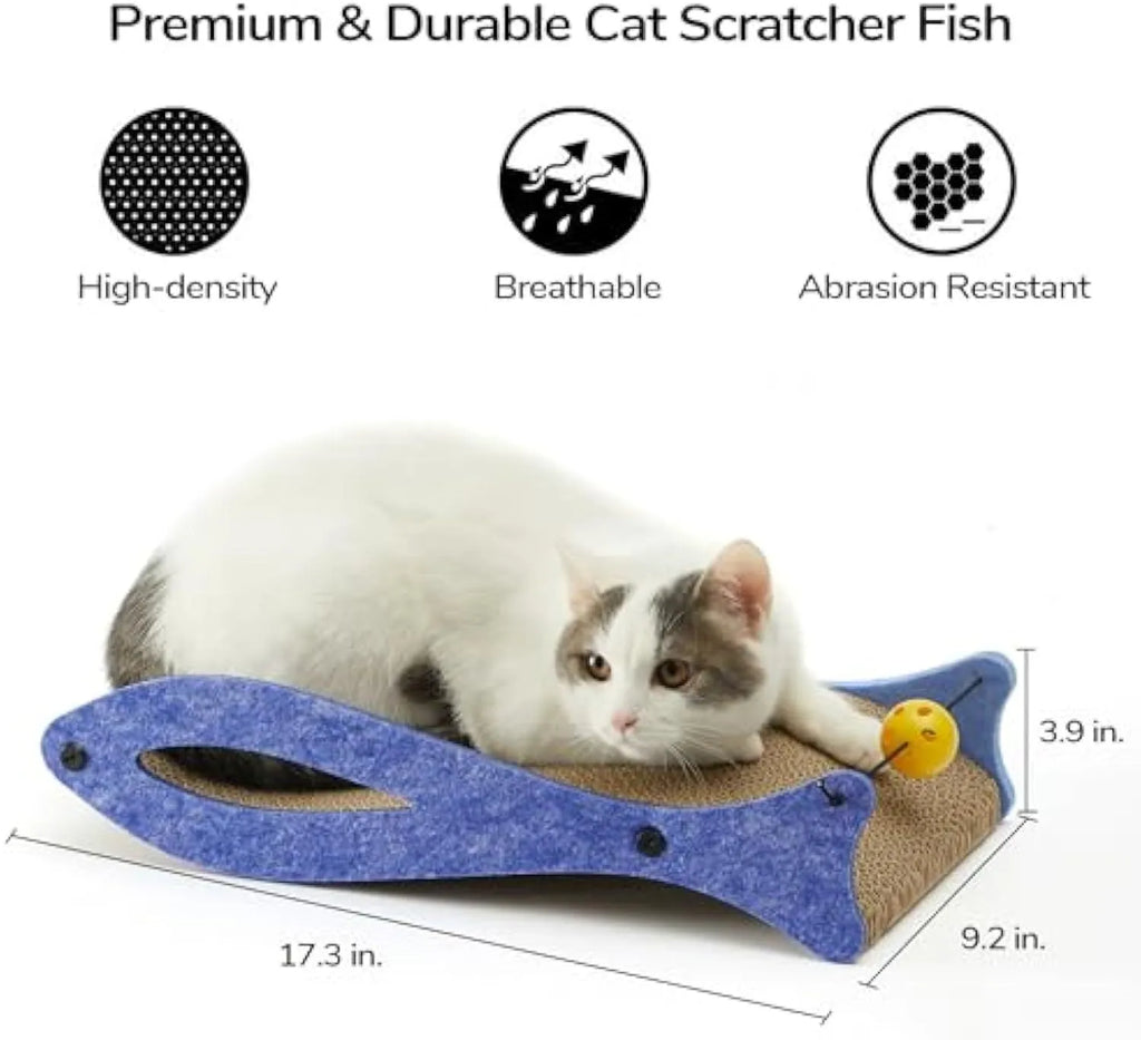 Blue fish-shaped cat scratcher with bell toy on elastic cord, corrugated cardboard construction