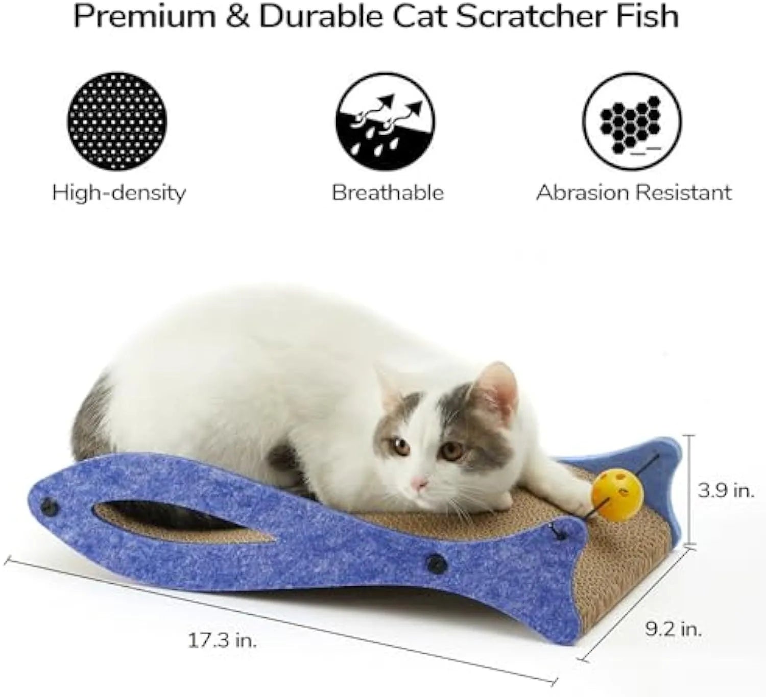 Blue fish-shaped cat scratcher with bell toy on elastic cord, corrugated cardboard construction