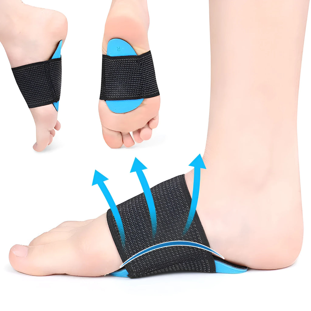 Blue elastic bandage arch support foot pads for flat feet, shown in adult and children sizes.