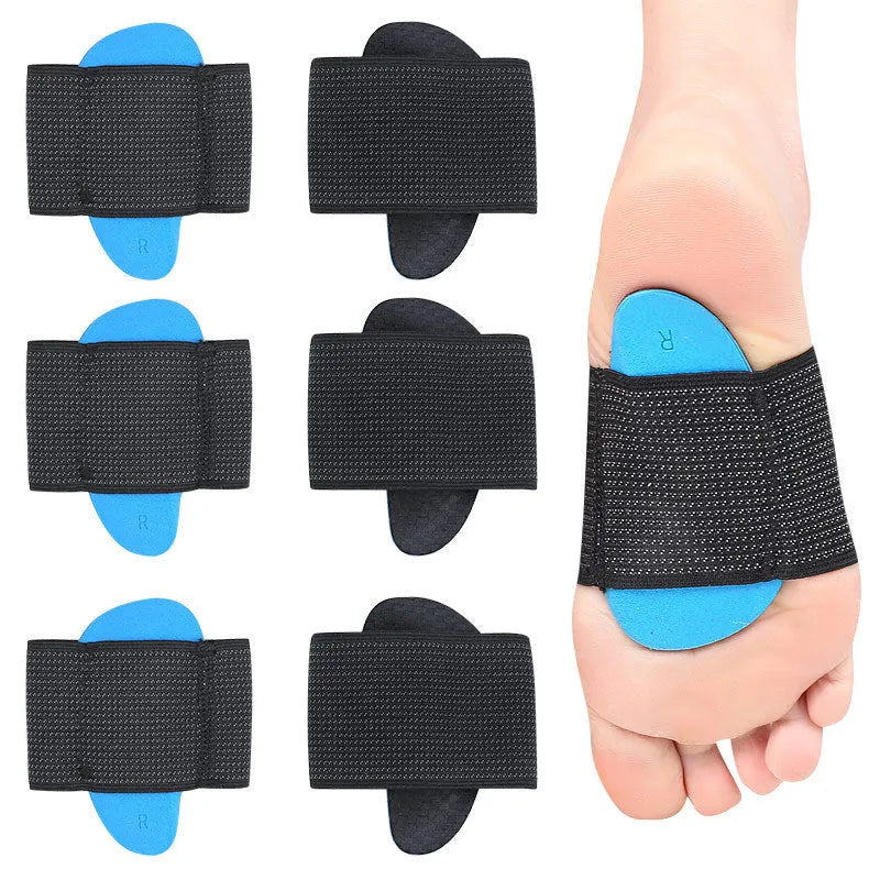 Blue elastic bandage arch support foot pads for flat feet, shown in adult and children sizes.