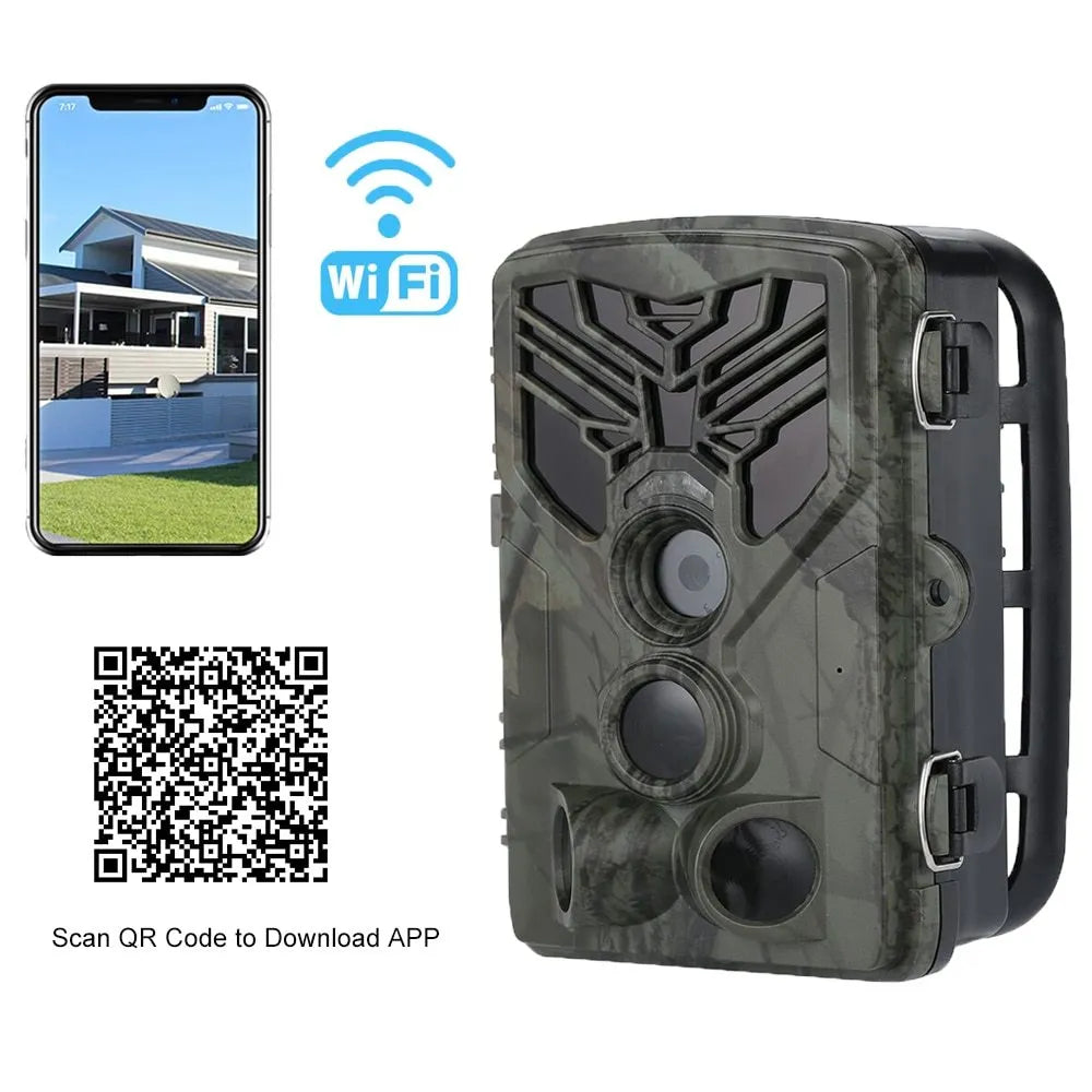 WiFi trail camera 20MP 1080P with night vision, 0.3s trigger, and IP65 waterproof housing