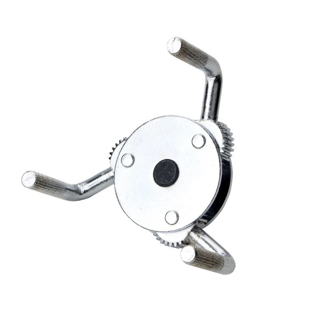 Round three-jaw oil filter wrench with frosted surface treatment and metric system listing, silver colour option