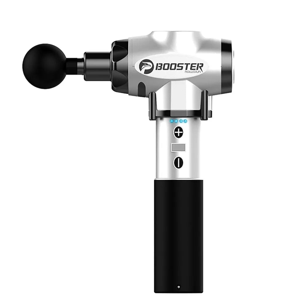 Black and white muscle massage gun with a deep stroke for tissue relief.