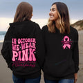 Breast Cancer Awareness hoodie with retro pattern and side pocket in pink, white, khaki, or black.
