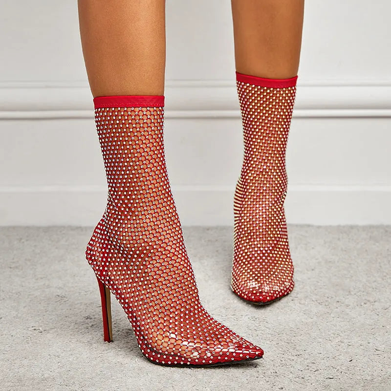 Women's pointed-toe stiletto boots with hollow mesh upper, PU lining and rubber sole, in white, red or black.