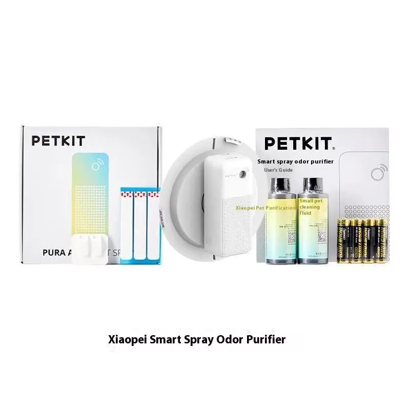 Xiaopei smart spray pet odour removal machine and mounting bracket on white background.