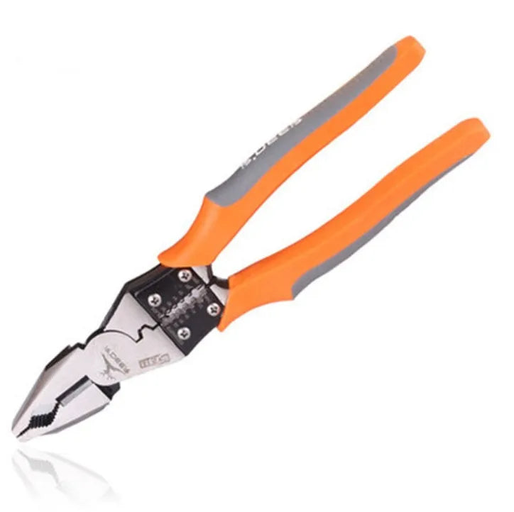 Orange multi-function wire cutter pliers with forged steel head and textured PVC handles.