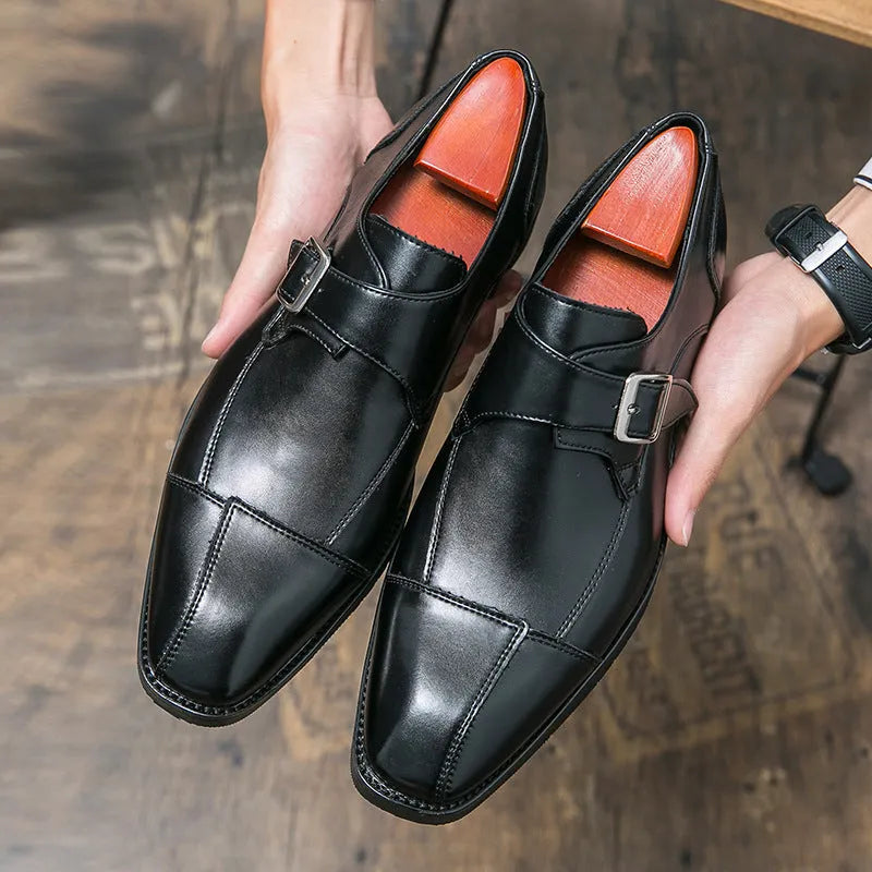 Men's British style retro buckle casual leather shoes in black and brown-blue colours