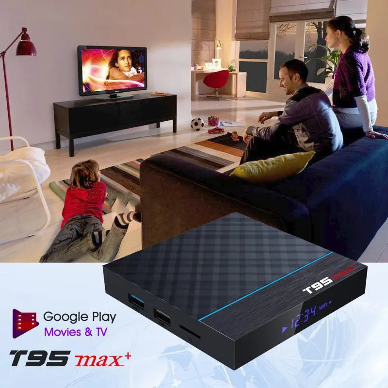Black T95 Max Plus Android TV box unit with remote control, showing EU, UK, and US power plug options