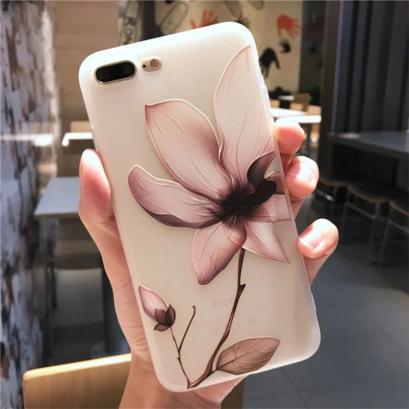 Embossed floral TPU phone case in black or white for iPhone models
