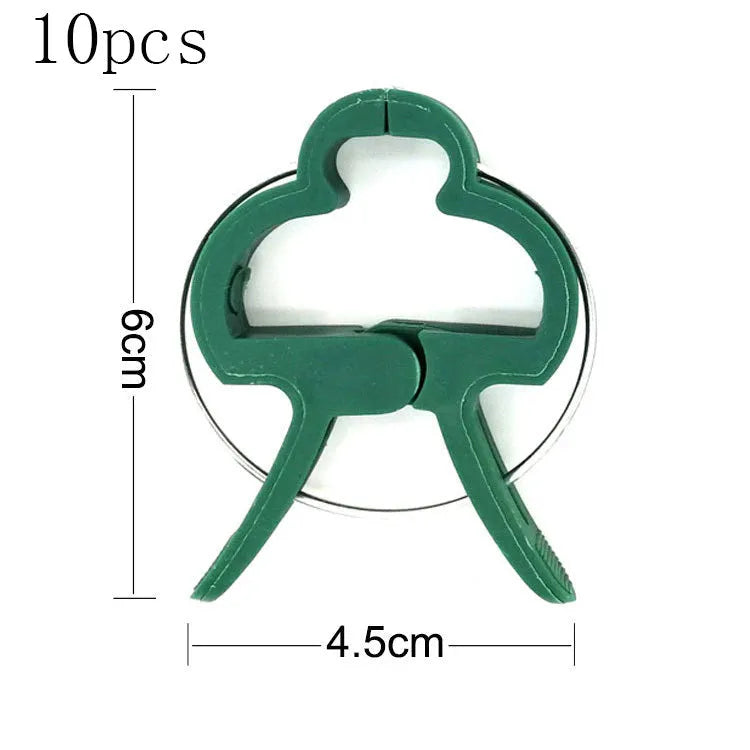 Green plastic and zinc plant support clips, showing large and small sizes for climbing plants.