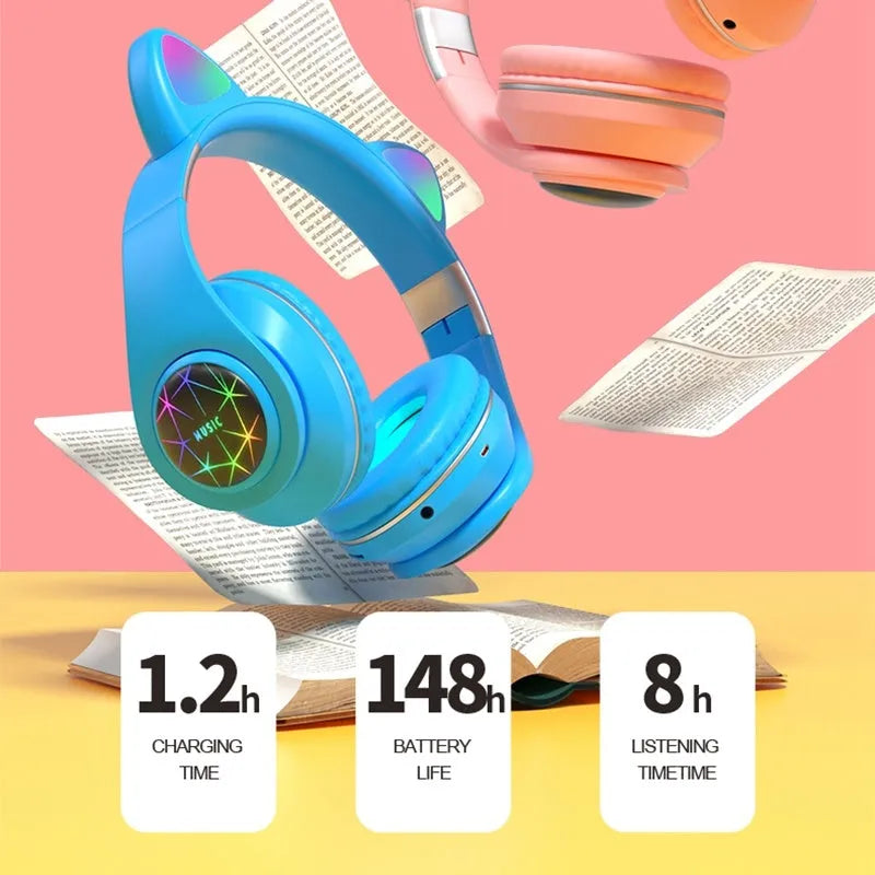 Wireless cat ear Bluetooth headset in multiple colours, showing head-mounted design for sports and music.