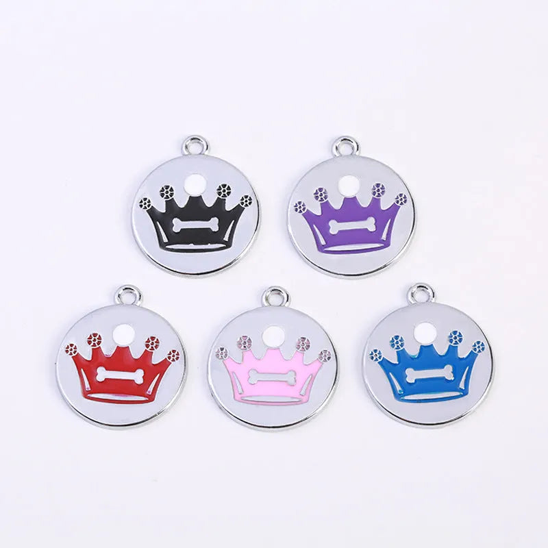 Zinc alloy pet ID tag, 25mm round disc, shown in black, dark blue, pink, purple, and red for dog or cat collars.