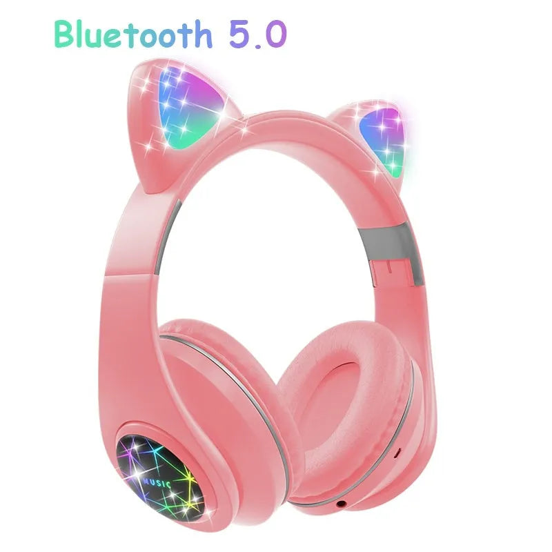 Wireless cat ear Bluetooth headset in multiple colours, showing head-mounted design for sports and music.