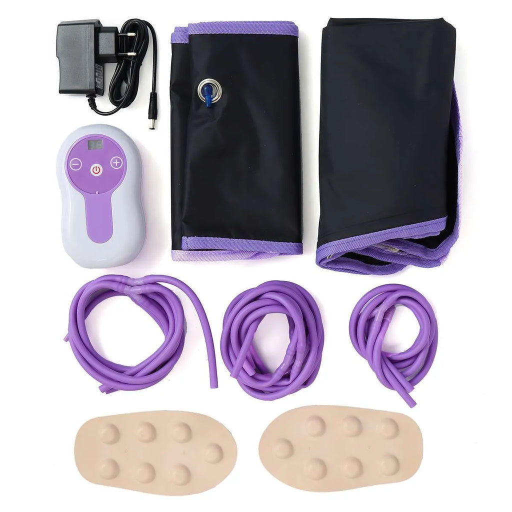 Pneumatic leg massager with handheld remote control and AC power supply, shown in EU, UK, or US plug model options