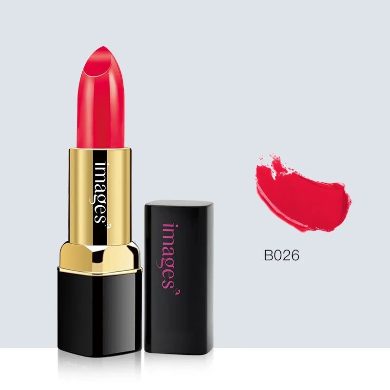 Moisturising lipstick lip gloss stick in a case with 10 colour options shown, including coral red and retro red.