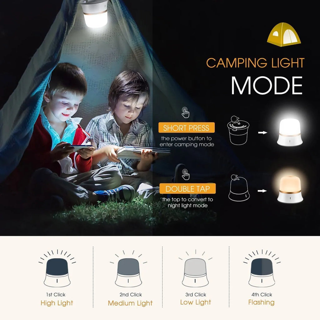 White rechargeable bedside night light with touch controls on a wooden table.