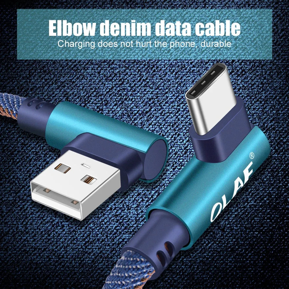 USB charging cable with denim wrapping and aluminium connectors in multiple colour options