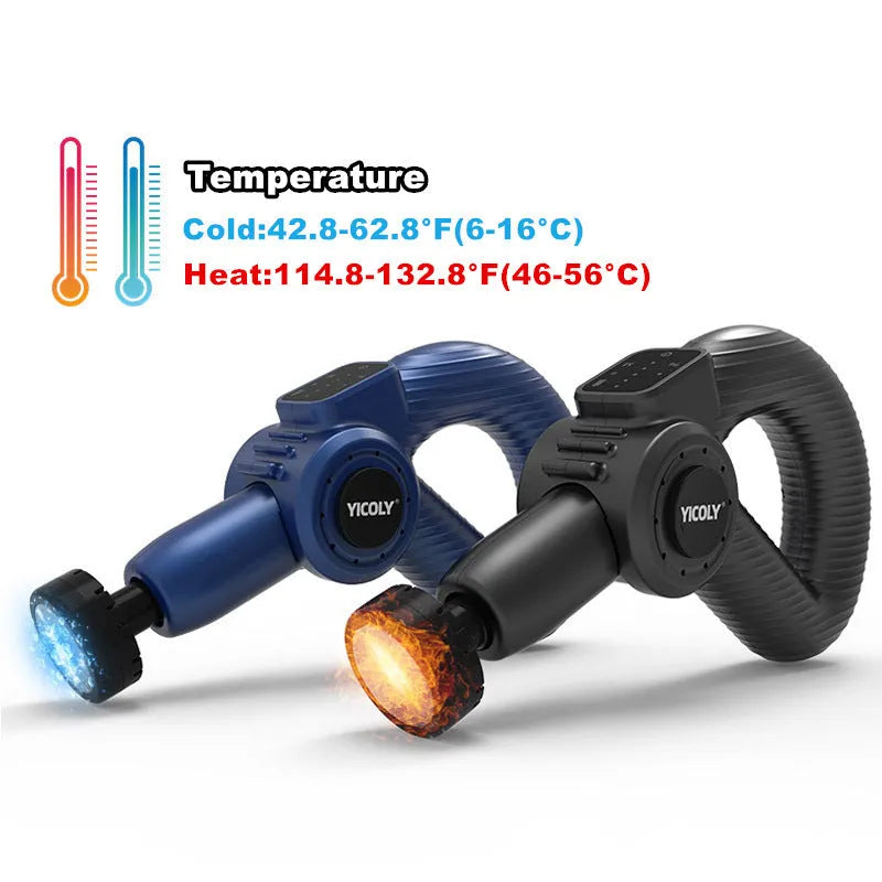 Black smart muscle massage gun with multiple massage heads for hot and ice compress therapy