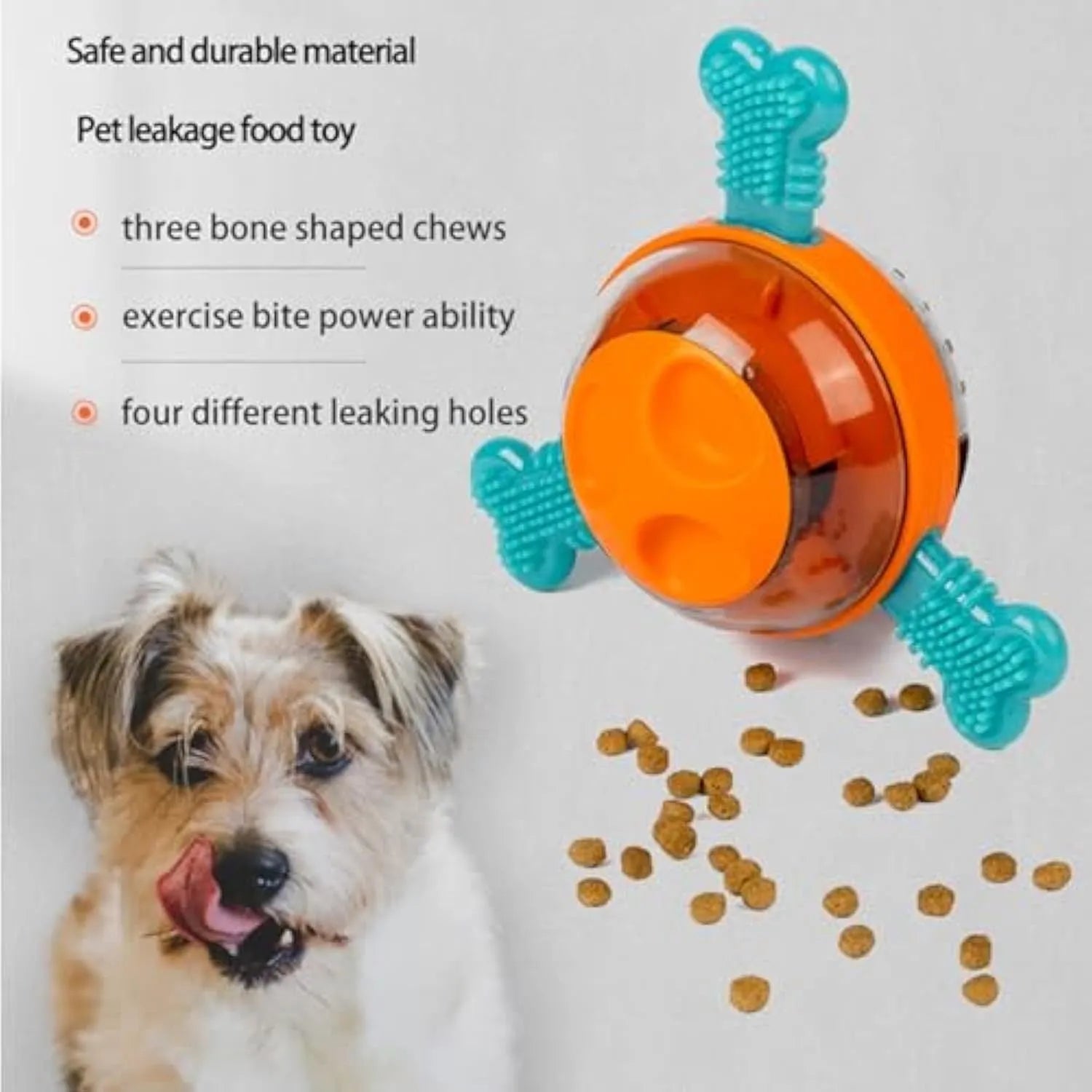 Blue interactive dog chew toy with treat dispenser and rubber bones for small medium breeds
