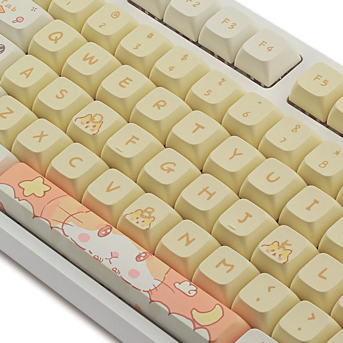 Custard Cute theme plastic keycap set for 68 75 98 100 layout mechanical keyboards in grey and yellow.