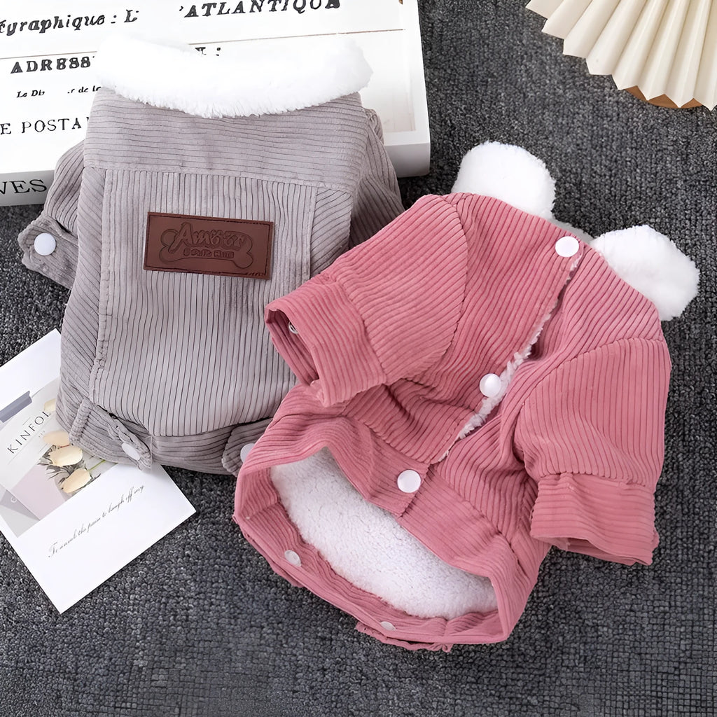 Lambswool dog vest with wool lining in grey or pink, sizes XS to XXL