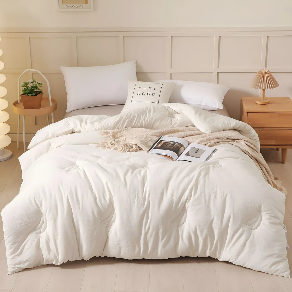 Soybean fibre quilt with pure cotton cover in grey colour showing twill weave texture detail