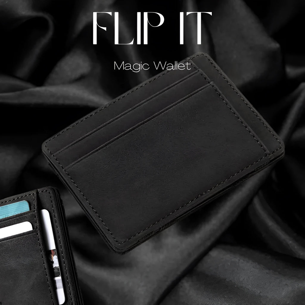 PU leather magic flip wallet in a solid colour with a zippered coin purse and flip-out card holder.