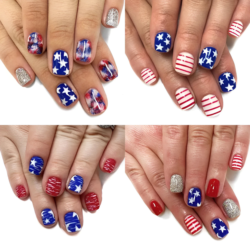 Red and blue multicolour glitter nail art tip stickers in a 4-pack for Independence Day designs.