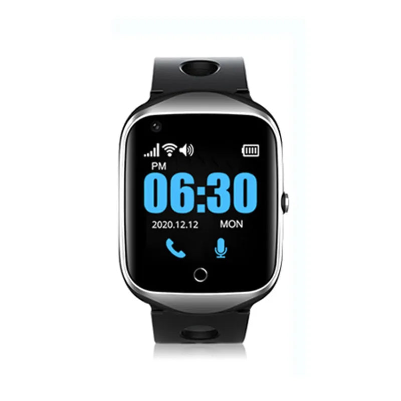Intelligent positioning phone watch for elderly with square screen and silicone strap in black blue silver