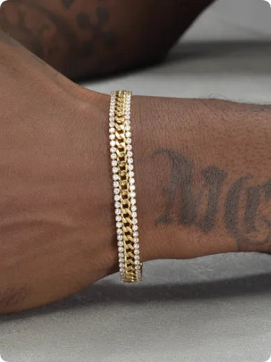 Gold-plated titanium steel tennis bracelet with artificial gemstone inlay in hip hop style