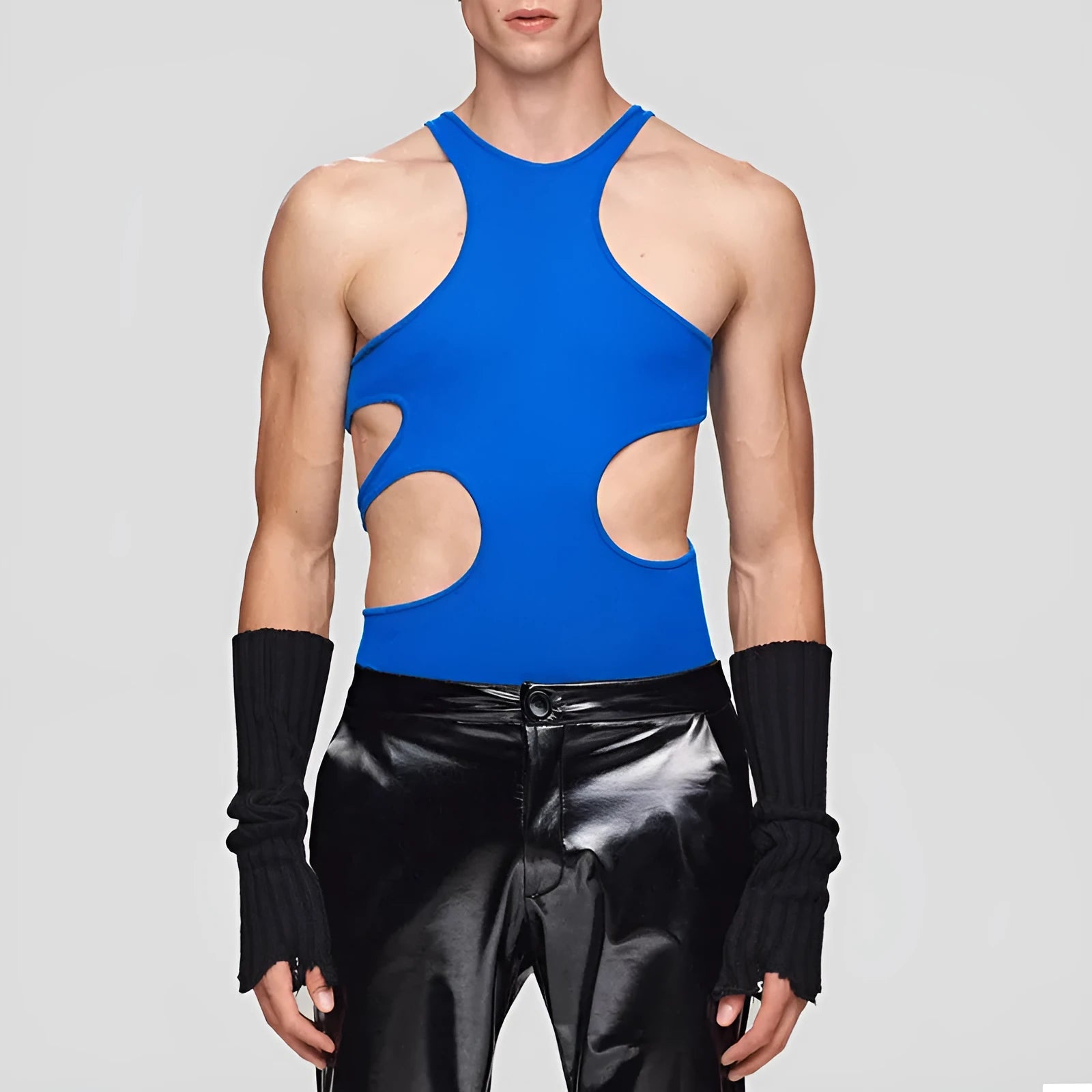 Men's sleeveless double-shoulder strap knitted vest in polyester stretch slim fit, available in black blue and coral