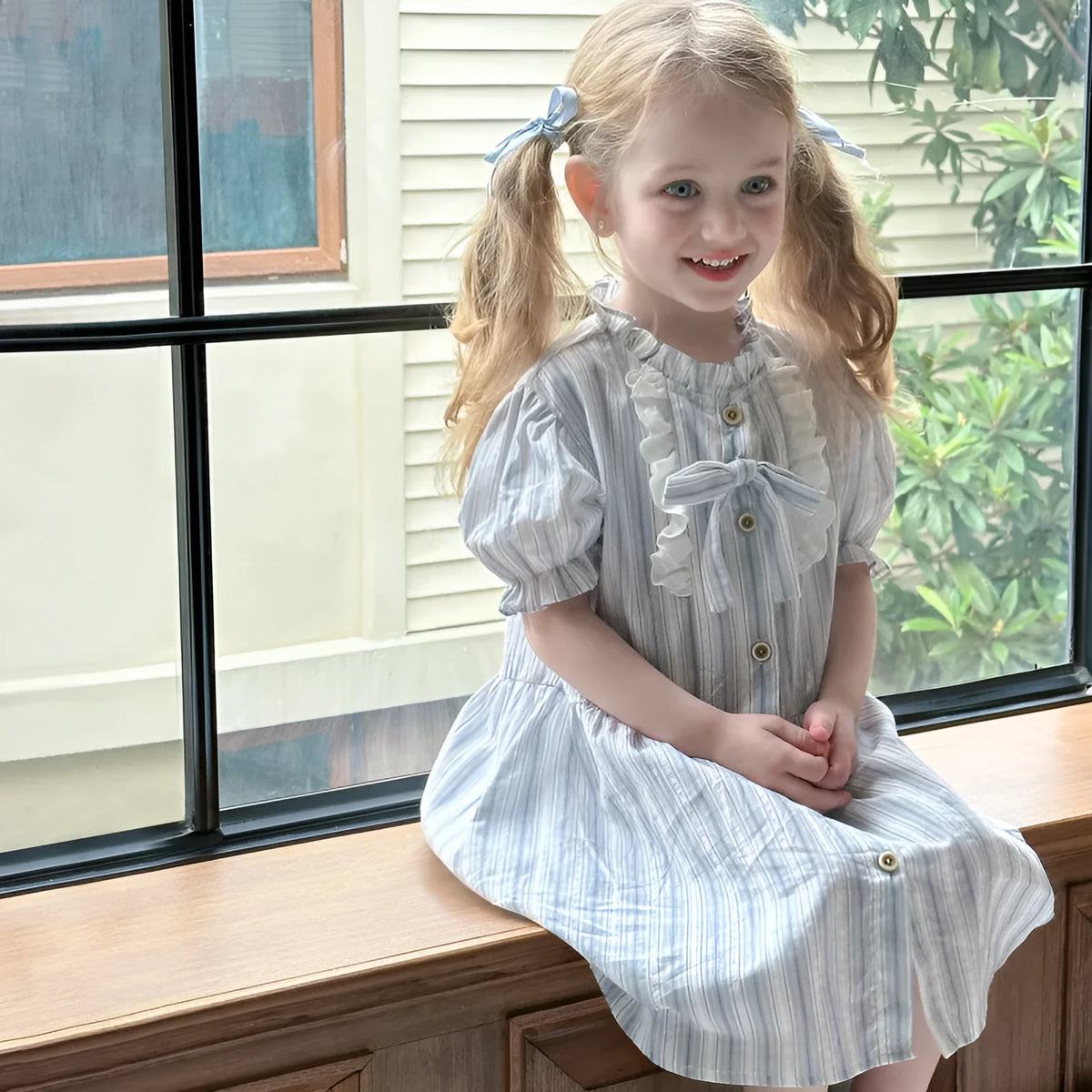 Baby girl short sleeve cotton dress in light blue stripes with A-line skirt and non-slip design, sizes 90cm to 130cm