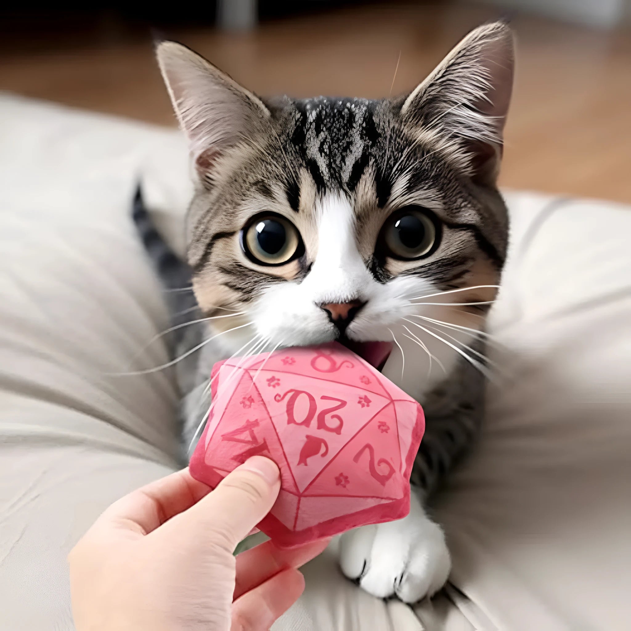 Soft plush dice cat toy filled with organic catnip in blue, purple, green, and pink colour options