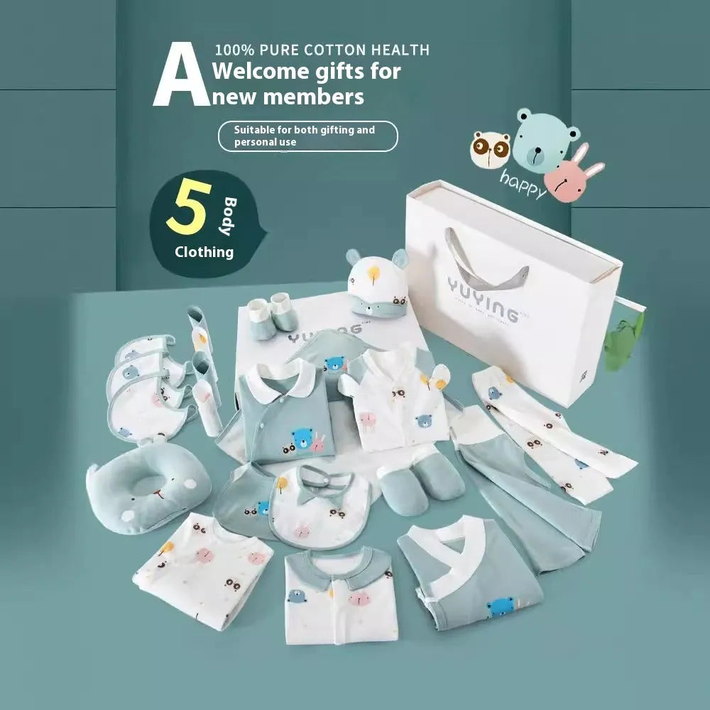 Cotton baby clothing gift set with long sleeves, neutral cartoon styling and 59cm to 73cm height options.